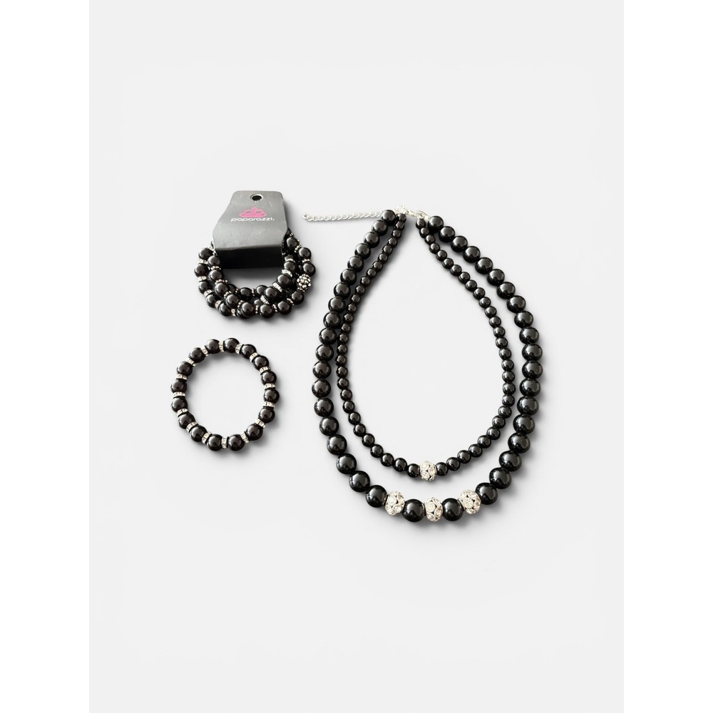 Paparazzi Black Bead Rhinestone Necklace and Bracelet Jewelry Set
